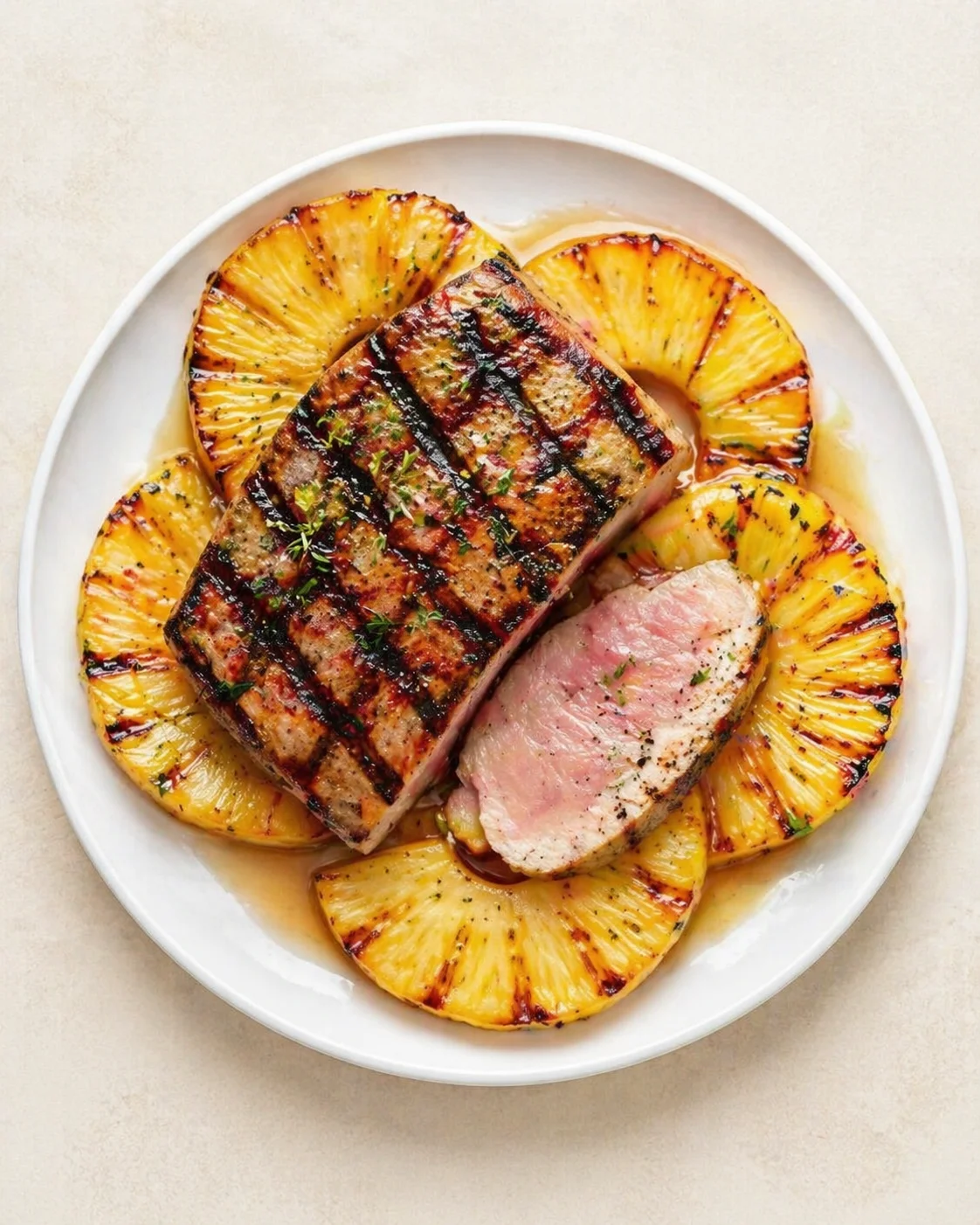 Grilled pork tenderloin with caramelized pineapple slices arranged on a white plate.