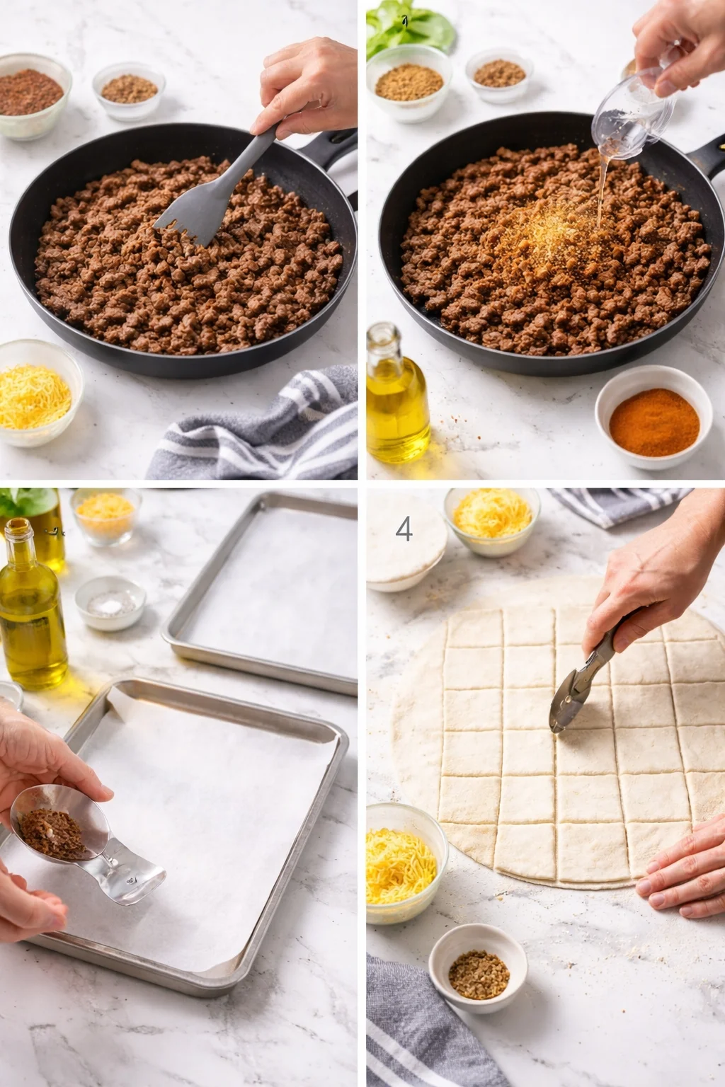Four-panel collage showing ground beef cooking with spices, oil, and dough squares.
