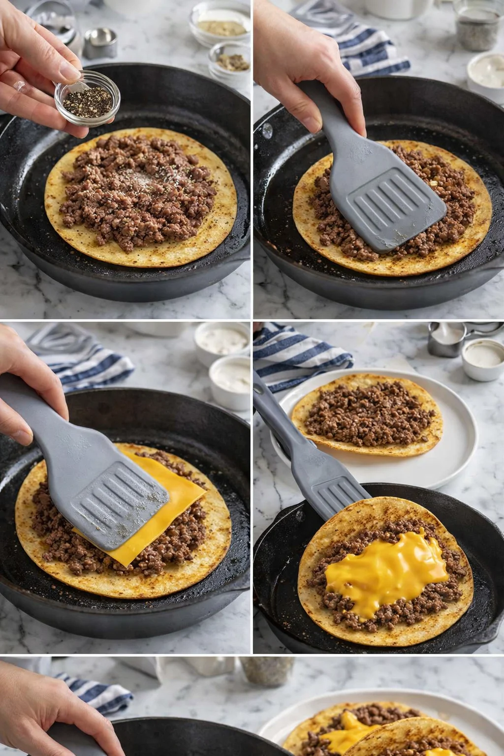 Six-image collage showing a tortilla in a skillet topped with browned ground beef, then cheese, with a spatula in use.