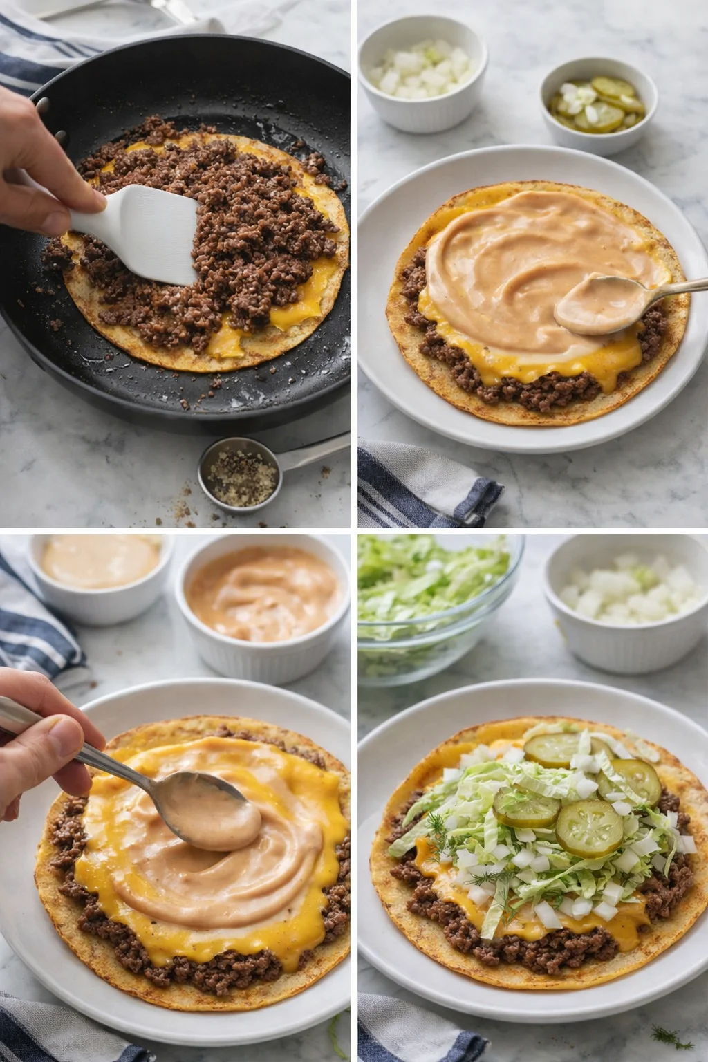Collage showing tortilla with beef and cheese being layered with sauces and toppings.