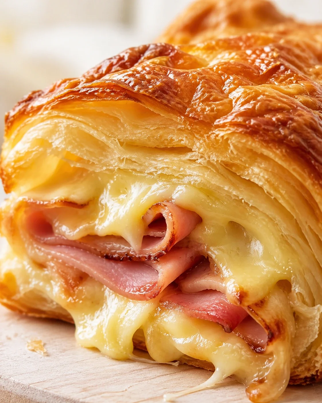 Close-up of a flaky, golden croissant sliced open with melted cheese and ham inside.