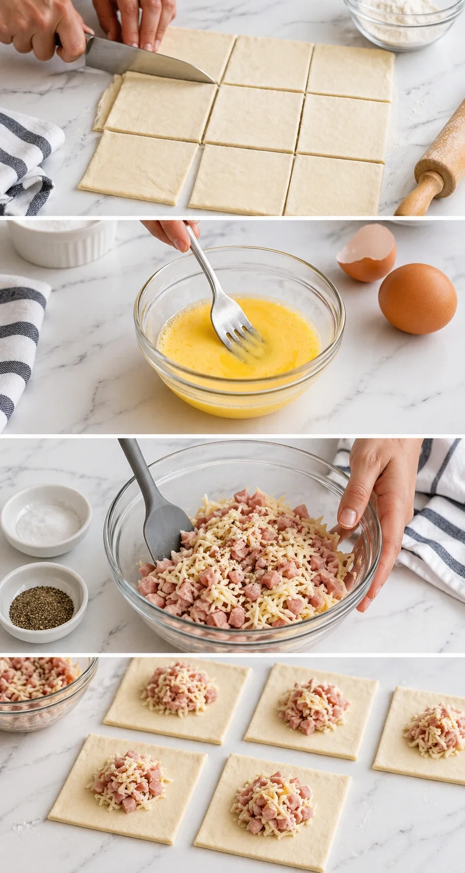 Collage showing dough squares, beaten eggs, ham-and-cheese filling, and assembled pastry squares ready for baking.