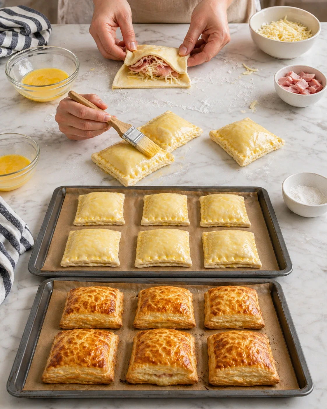 Hands brush egg wash onto square ham and cheese pastries on a marble counter.