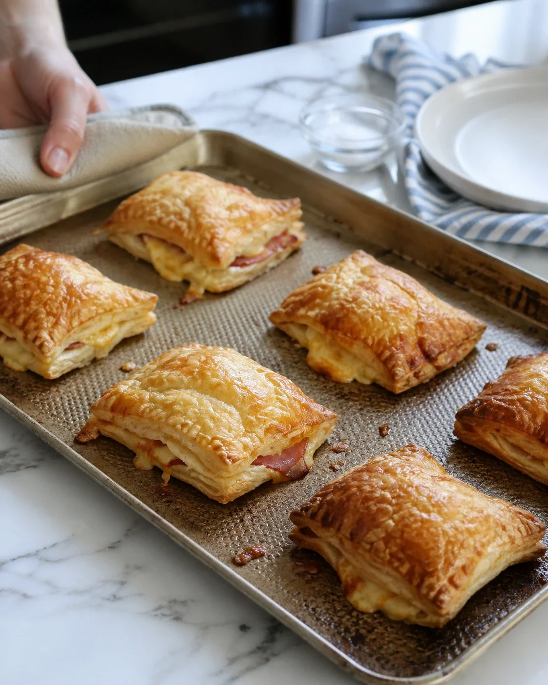 Golden-brown ham-and-cheese puff pastries on a baking sheet in a kitchen.