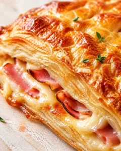 Close-up of a glossy, flaky puff pastry filled with ham and melted cheese, garnished with thyme