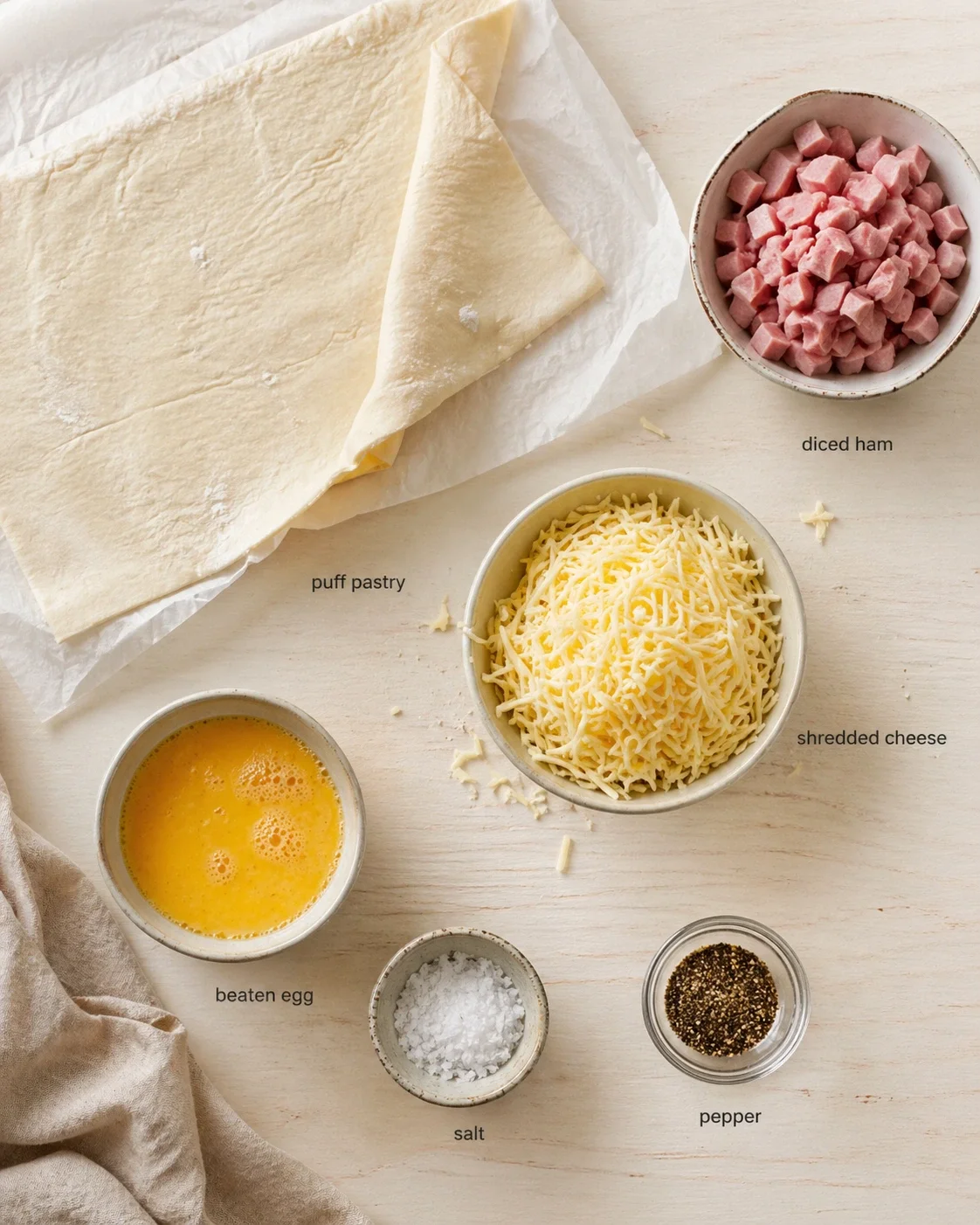 Top-down view of a puff pastry sheet with ham, shredded cheese, beaten egg, salt, and pepper on a light wooden surface.