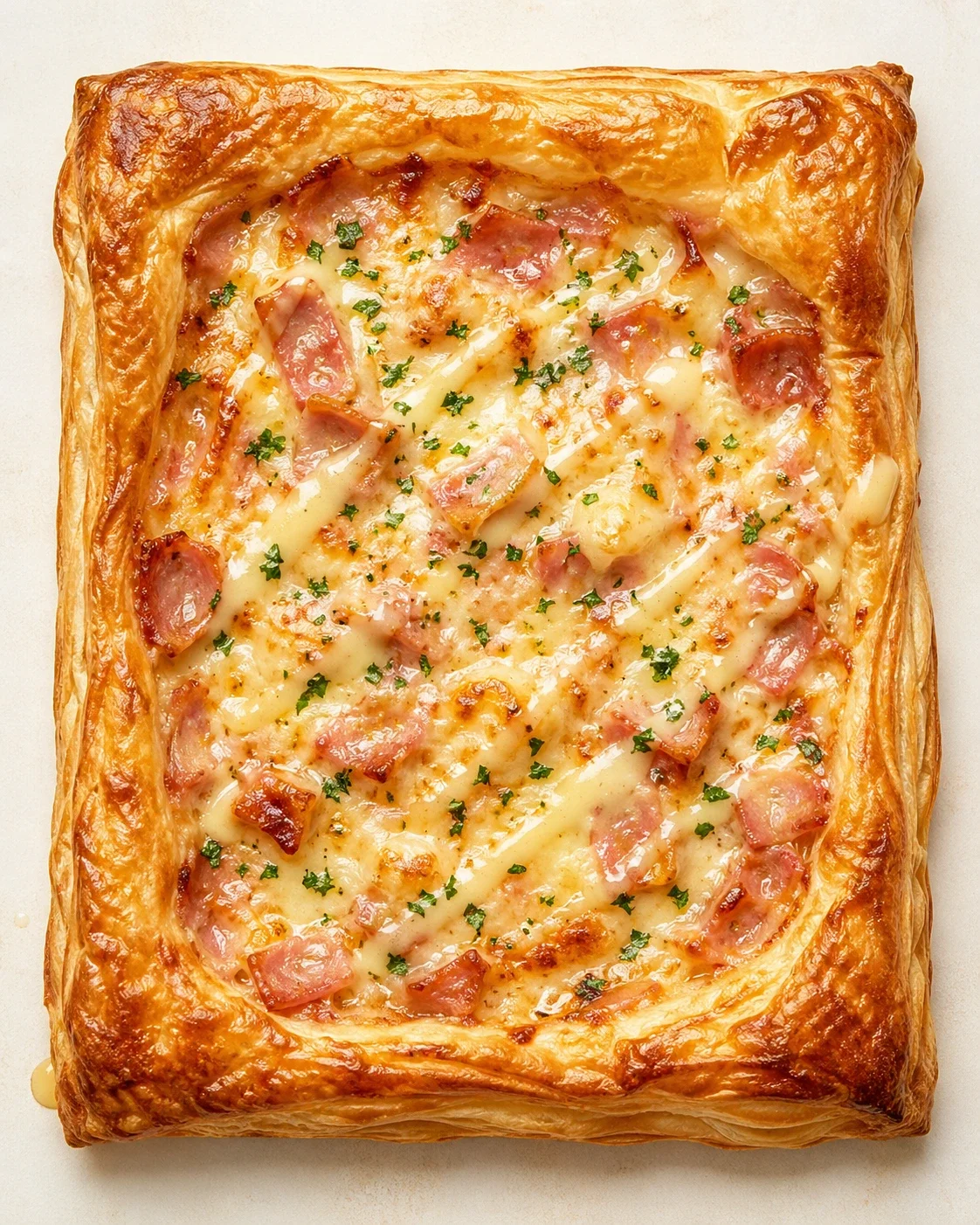 square puff-pastry tart with melted cheese, ham cubes, and chopped parsley