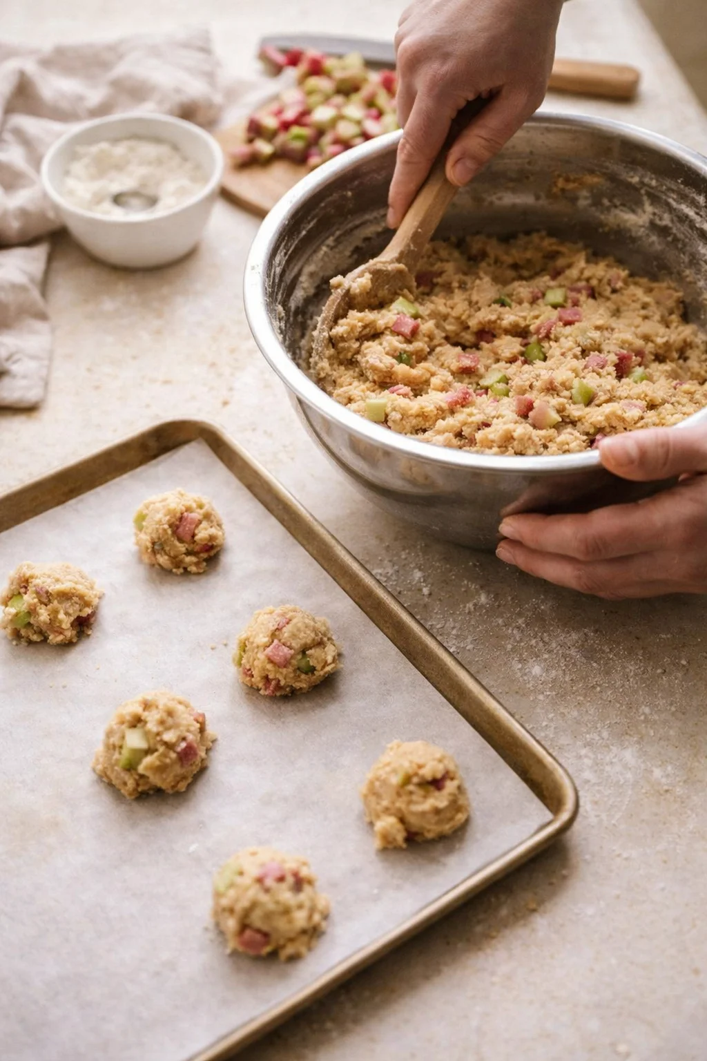 Hands scoop chunky ham and vegetables into small dough balls on parchment-lined baking sheet beside a mixing bowl.