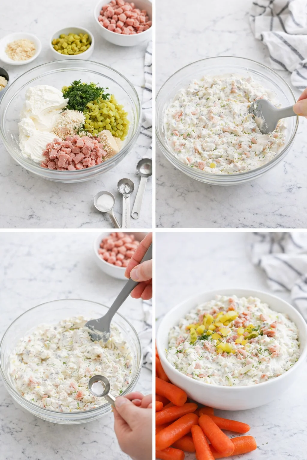 four-panel collage showing ham salad ingredients and mixing in glass bowls on a marble countertop