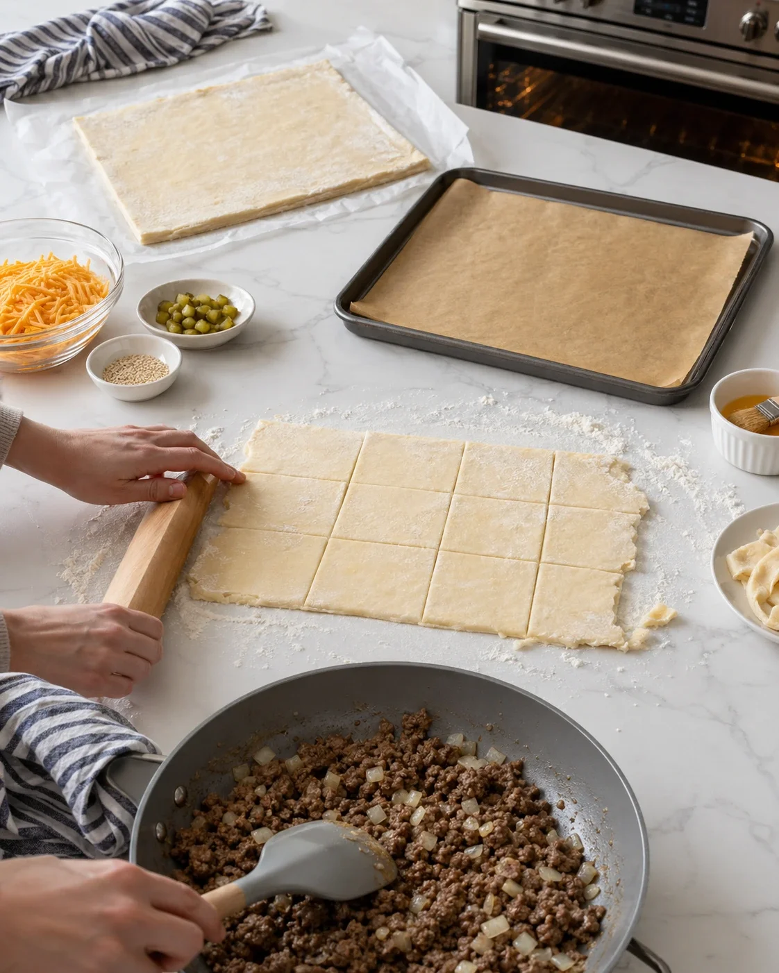 Hands roll dough on a marble counter, with filling, cheese, olives, and baking sheets visible.
