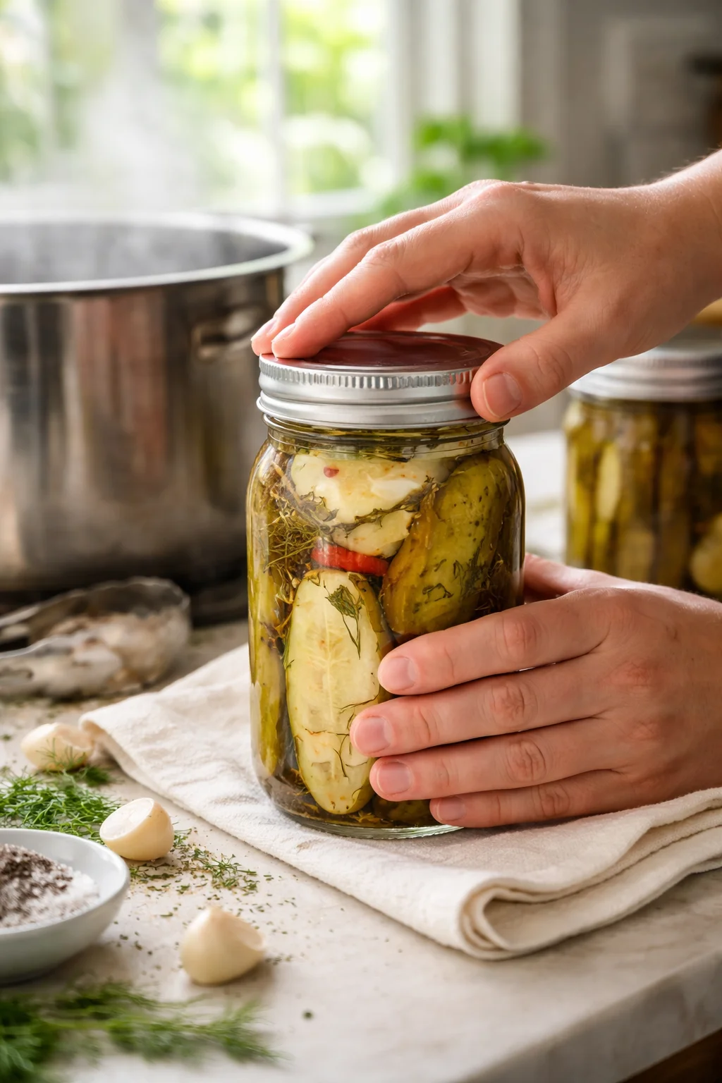 A close-up of hands sealing a jar of homemade pickled vegetables on a kitchen counter.