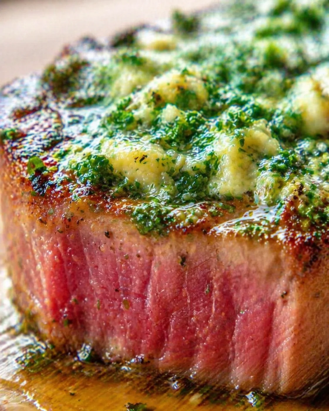close-up of a thick steak topped with melted herb butter and chopped parsley