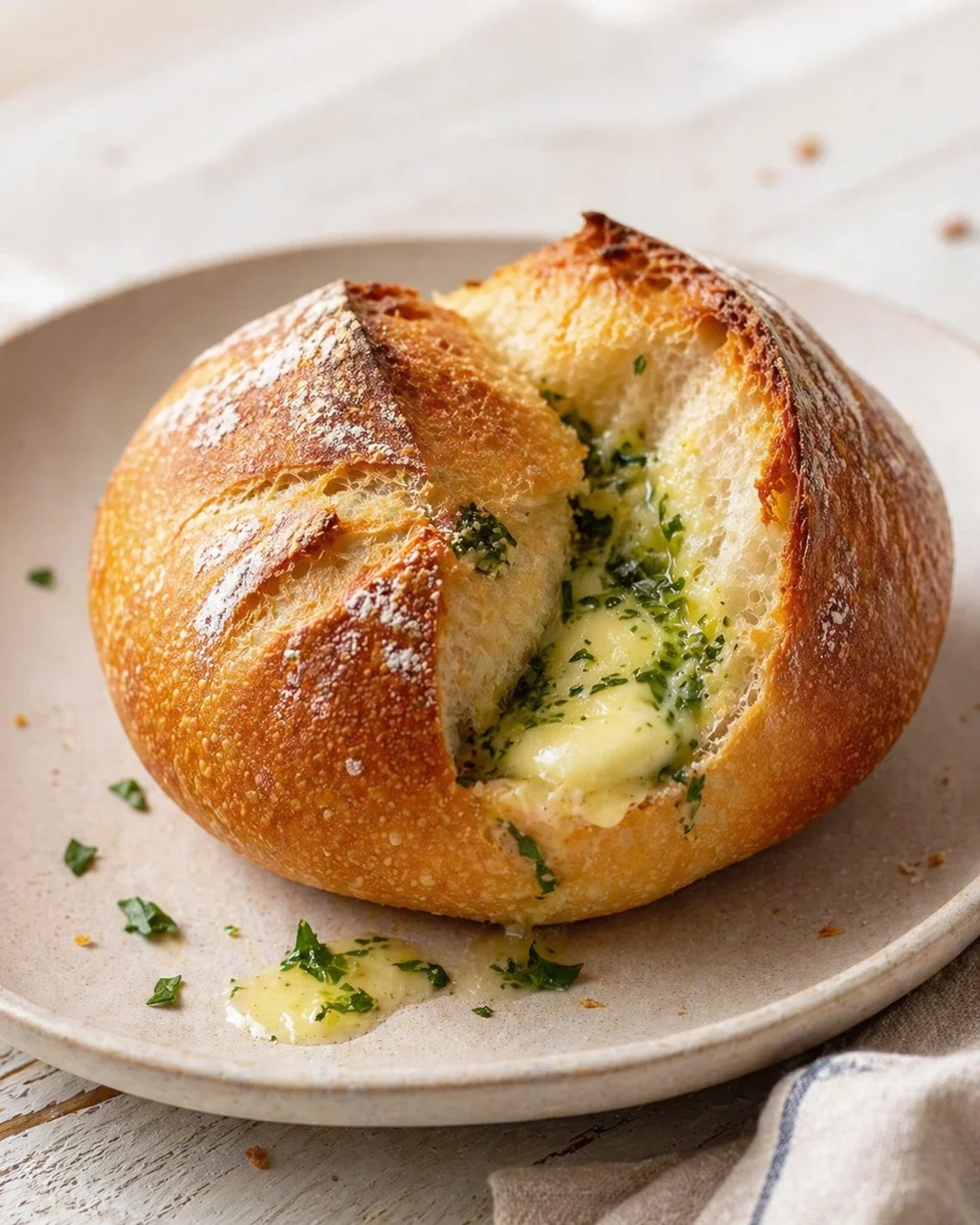 Round crusty loaf with melted herb butter oozing from a slit, sprinkled with parsley
