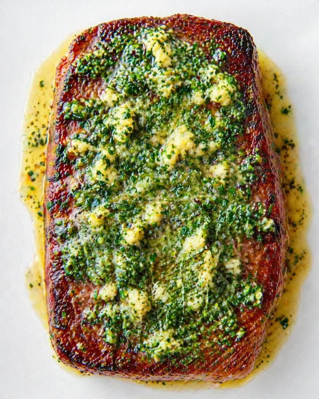 Thick beef steak topped with herb butter and green herbs on a white plate.