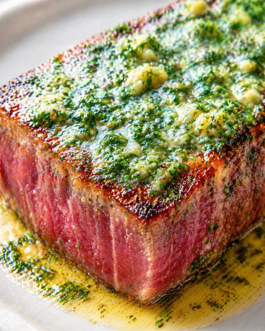 thick medium-rare steak topped with green herb butter on a plate.