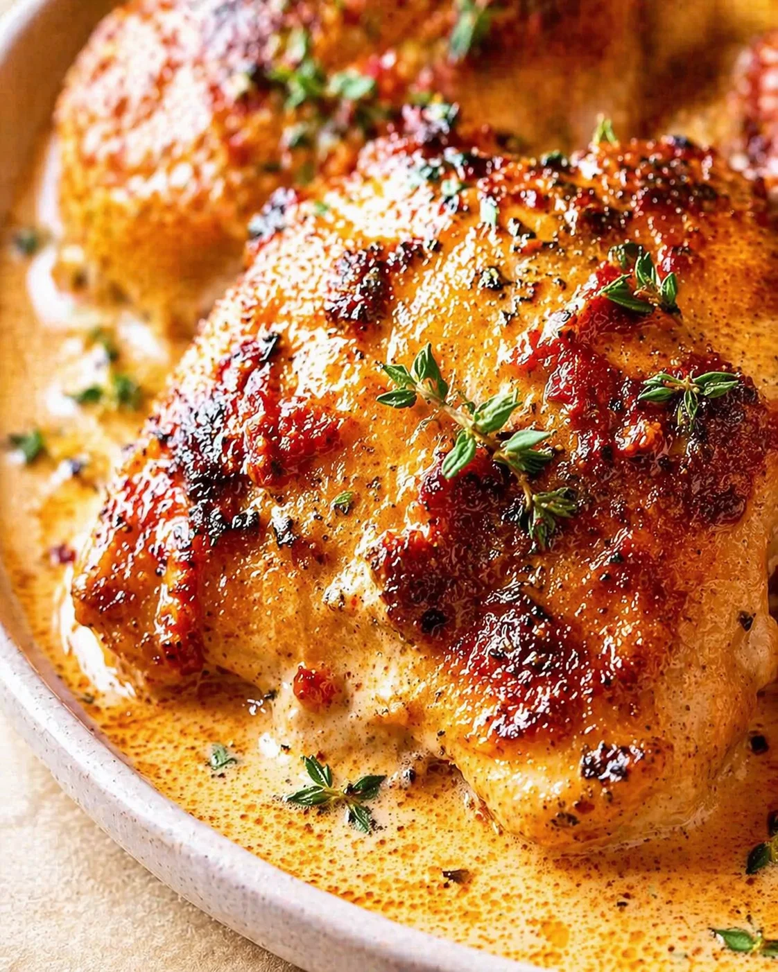 Golden roasted chicken with crisp skin, thyme garnish, in creamy sauce.