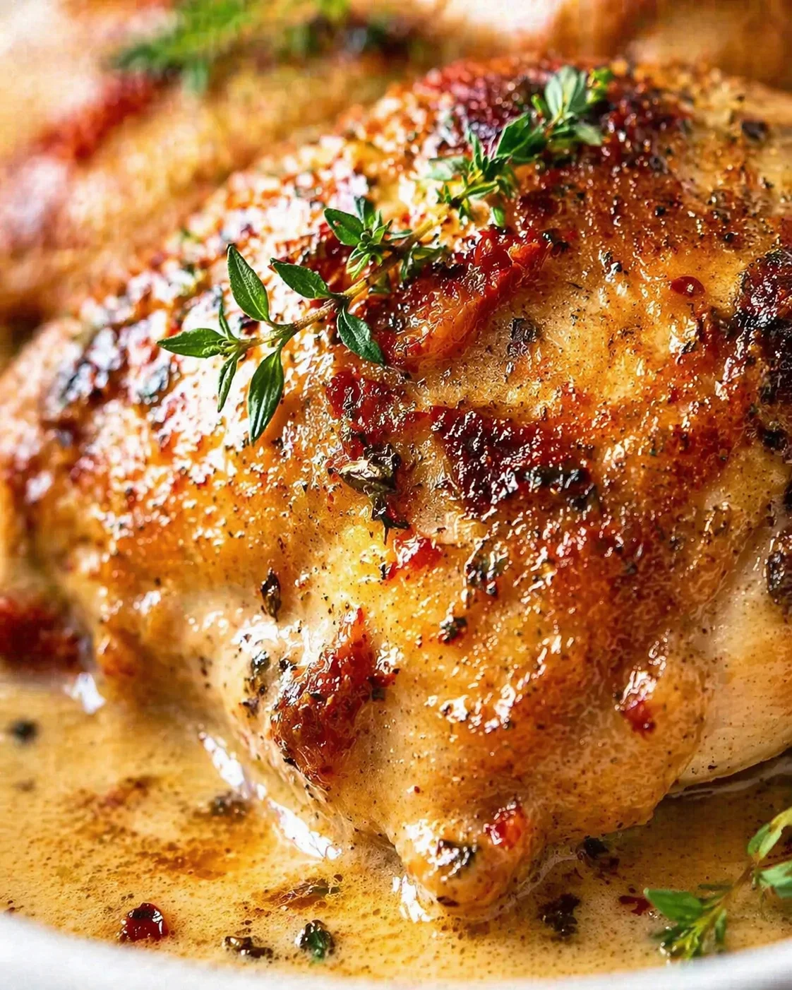 Close-up of golden roasted chicken with herb garnish and creamy pan sauce.