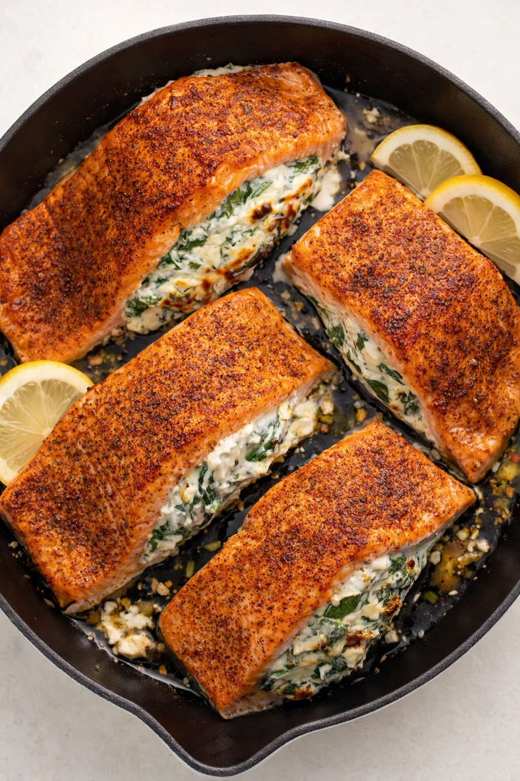 Four herb-crusted salmon fillets with creamy greens in a cast-iron skillet, lemon wedges on the side.