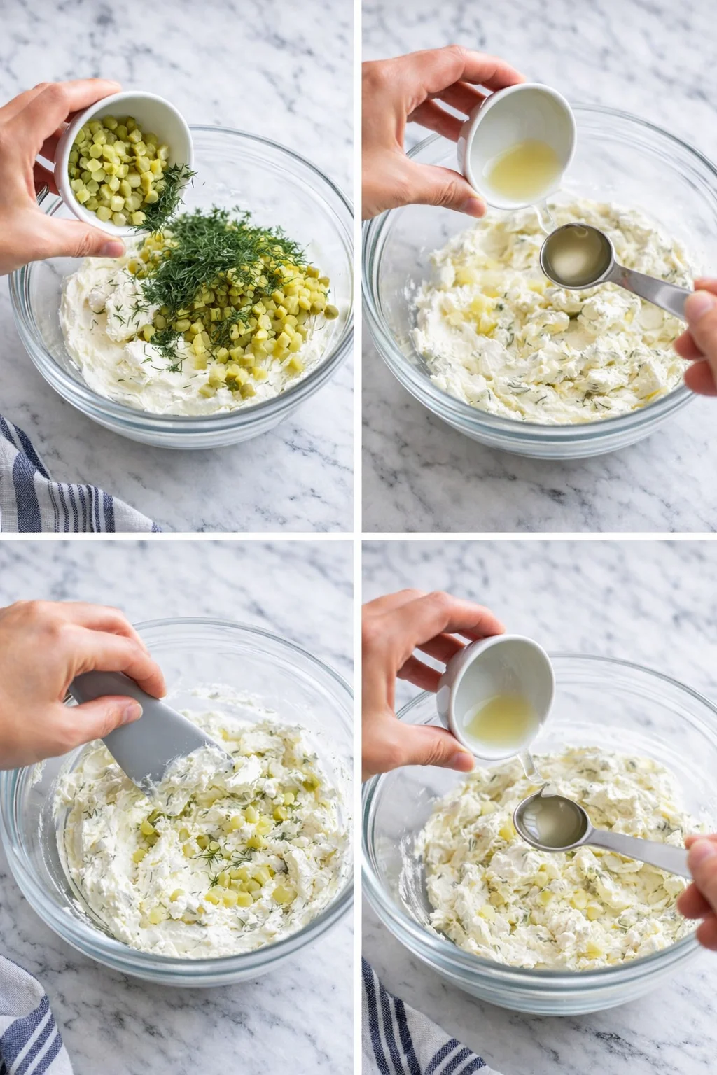 Four-panel collage showing hands adding dill and diced pale-yellow pieces to a whipped cream-cheese mixture in a glass bowl.