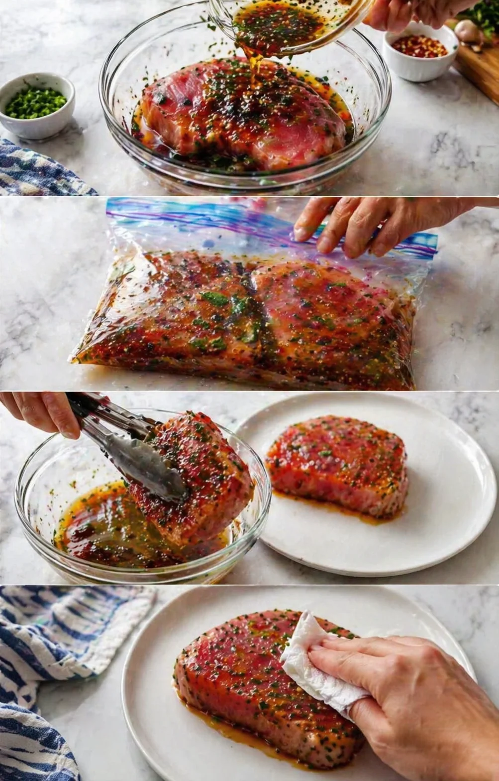 Collage showing herb-marinated meat being prepared: glaze application, bagging, dipping, and plating.