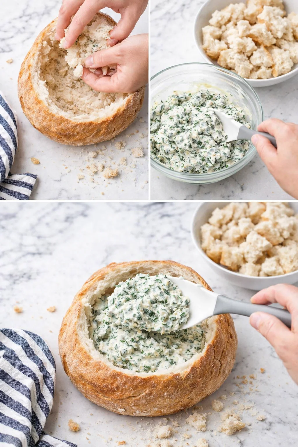 Collage showing bread being hollowed, herb cream cheese mixture, and spooning filling into a round bread bowl.