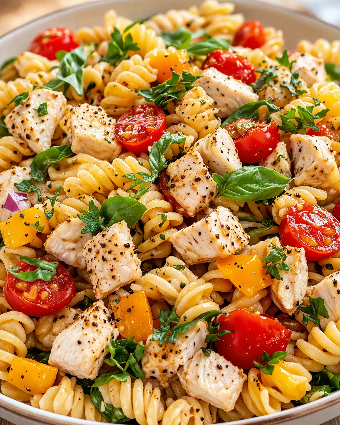 Colorful chicken pasta with fusilli, cherry tomatoes, yellow peppers, and fresh herbs in a skillet.