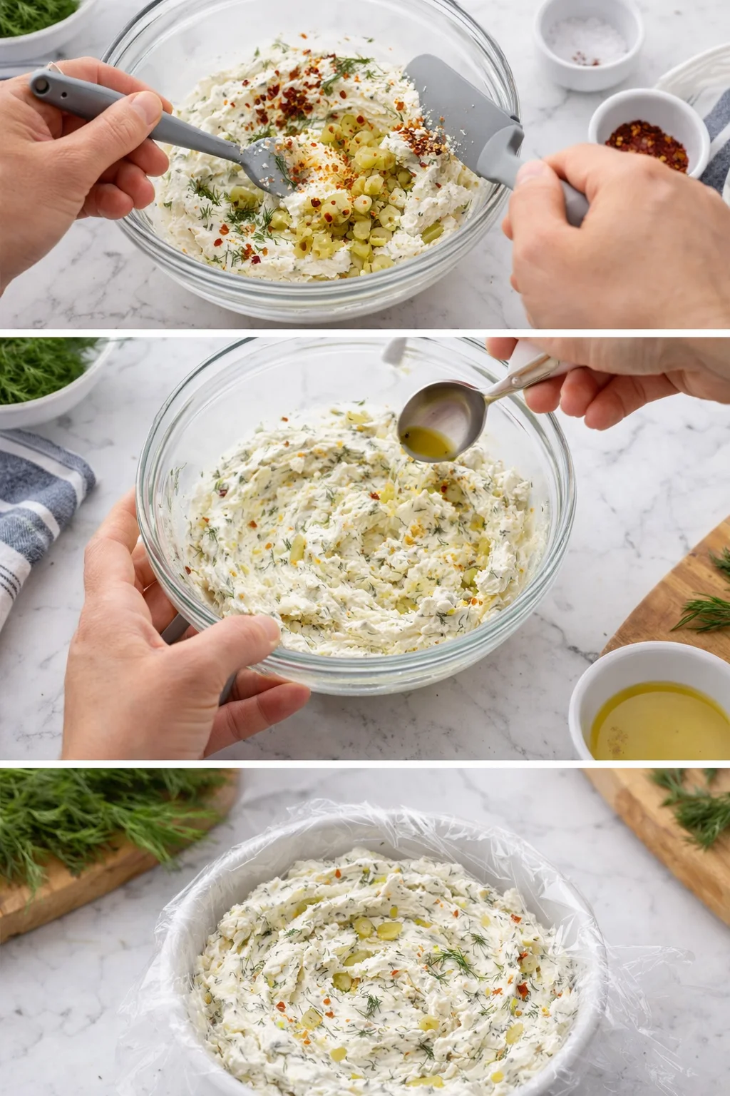 hands mix a creamy herb cheese dip with dill and pickle pieces in a glass bowl.