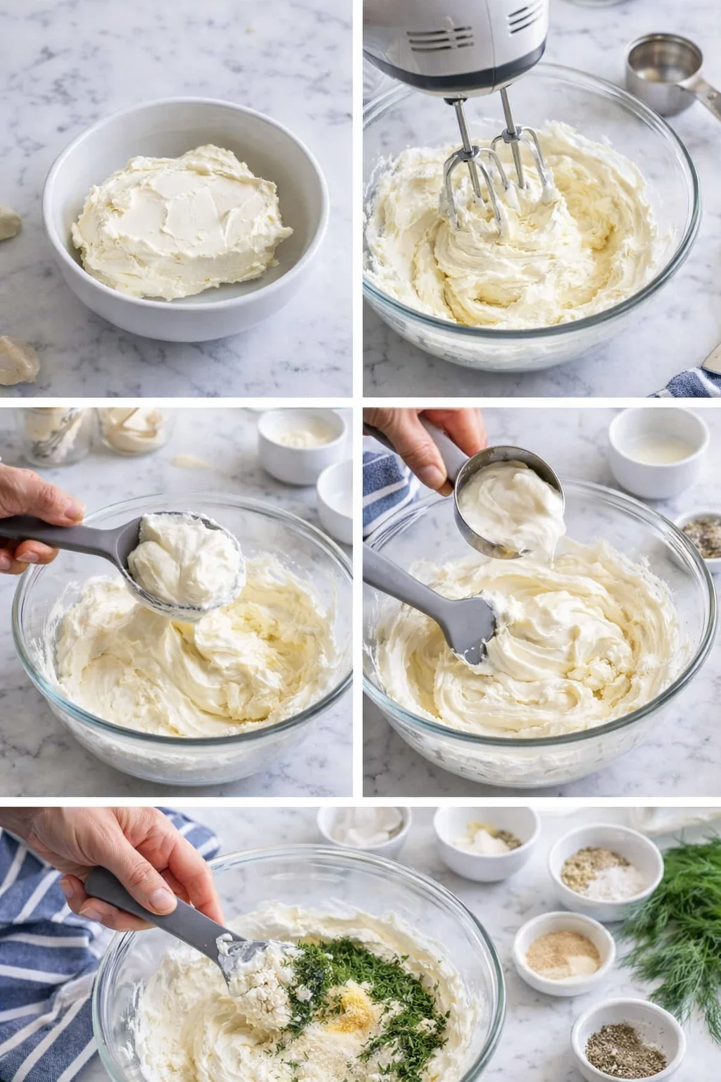collage showing steps to make herbed cream cheese frosting with mixer and herbs