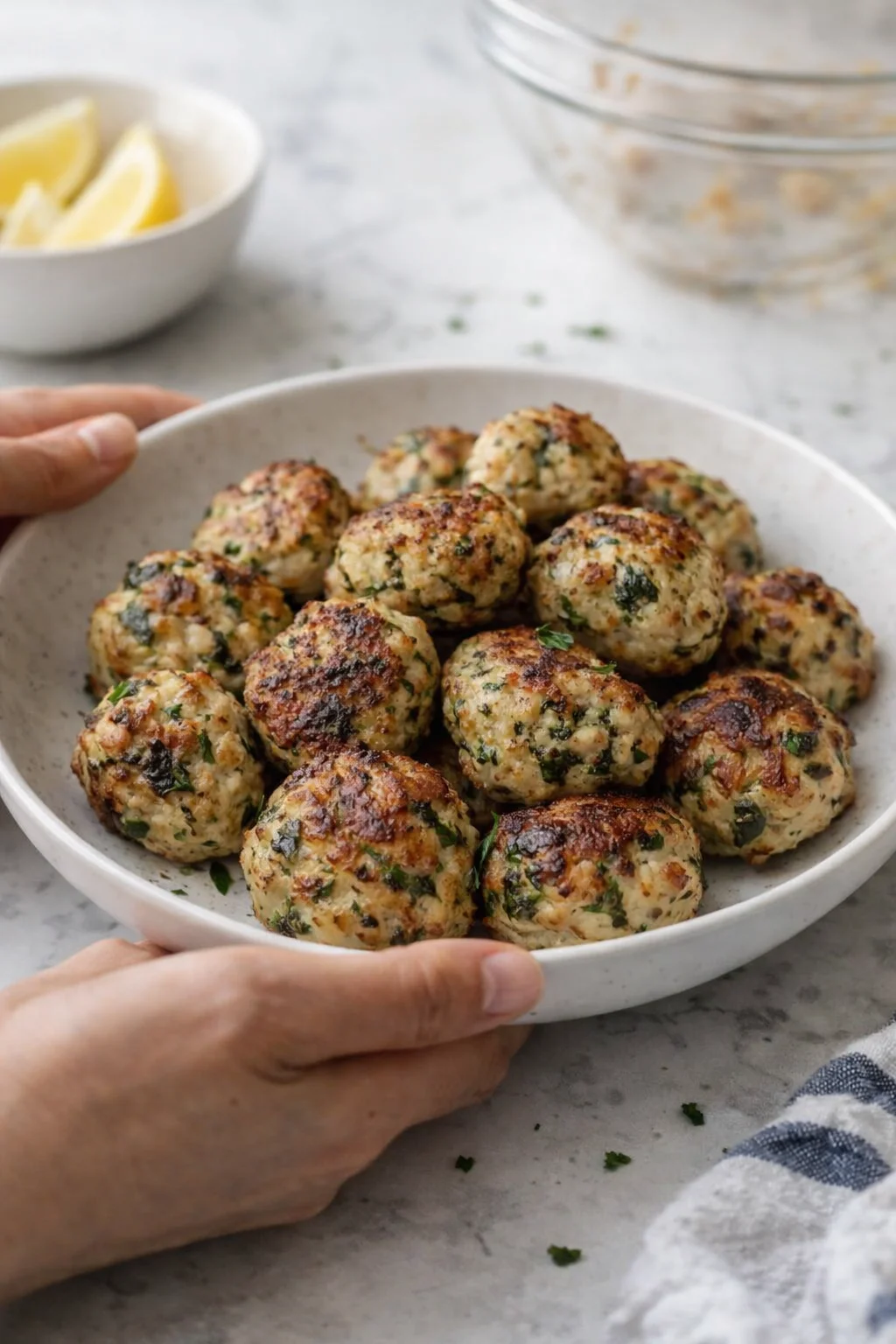 bowl of golden-brown herb meatballs in a white dish, hands gripping the rim.