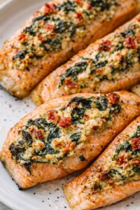 Close-up of salmon fillets topped with spinach and crumbly cheese on a light plate.