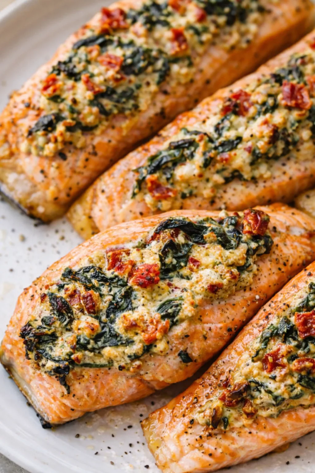 Close-up of salmon fillets topped with spinach and crumbly cheese on a light plate.