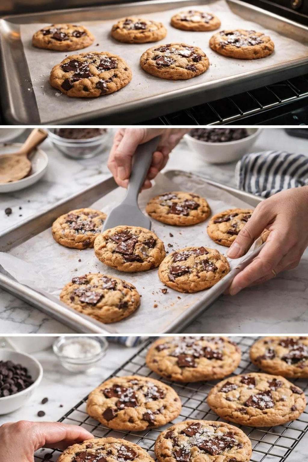 golden-brown chocolate-chip cookies on parchment-lined baking sheet, hands arranging them carefully