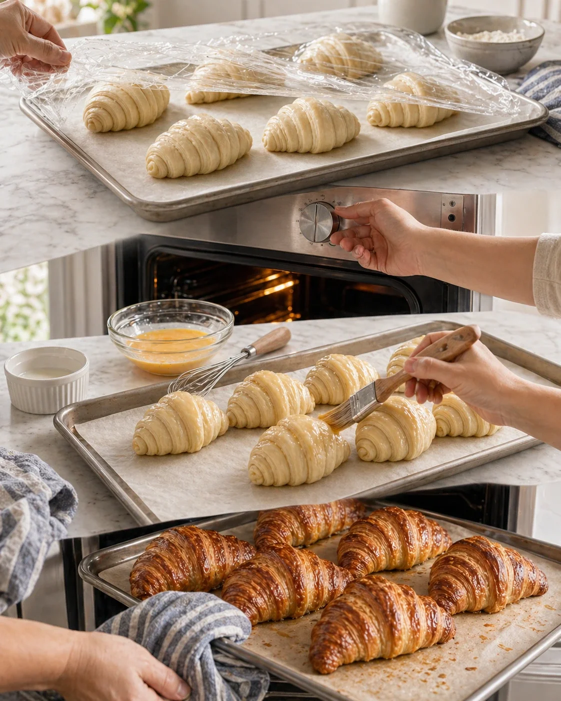 Croissants on parchment-lined trays in a bright kitchen, one being brushed with egg wash.