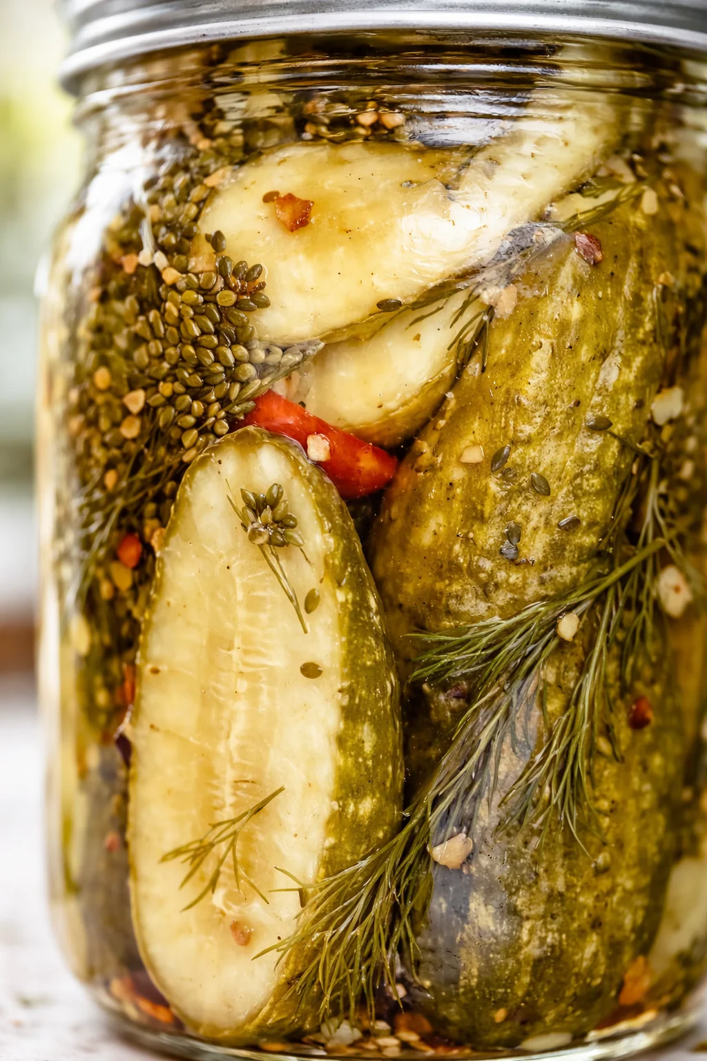 Close-up of a glass jar packed with cucumber spears, dill, garlic, and seeds in brine.