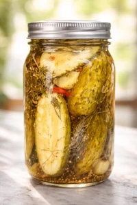 Glass mason jar of dill pickles with garlic and spices in brine.