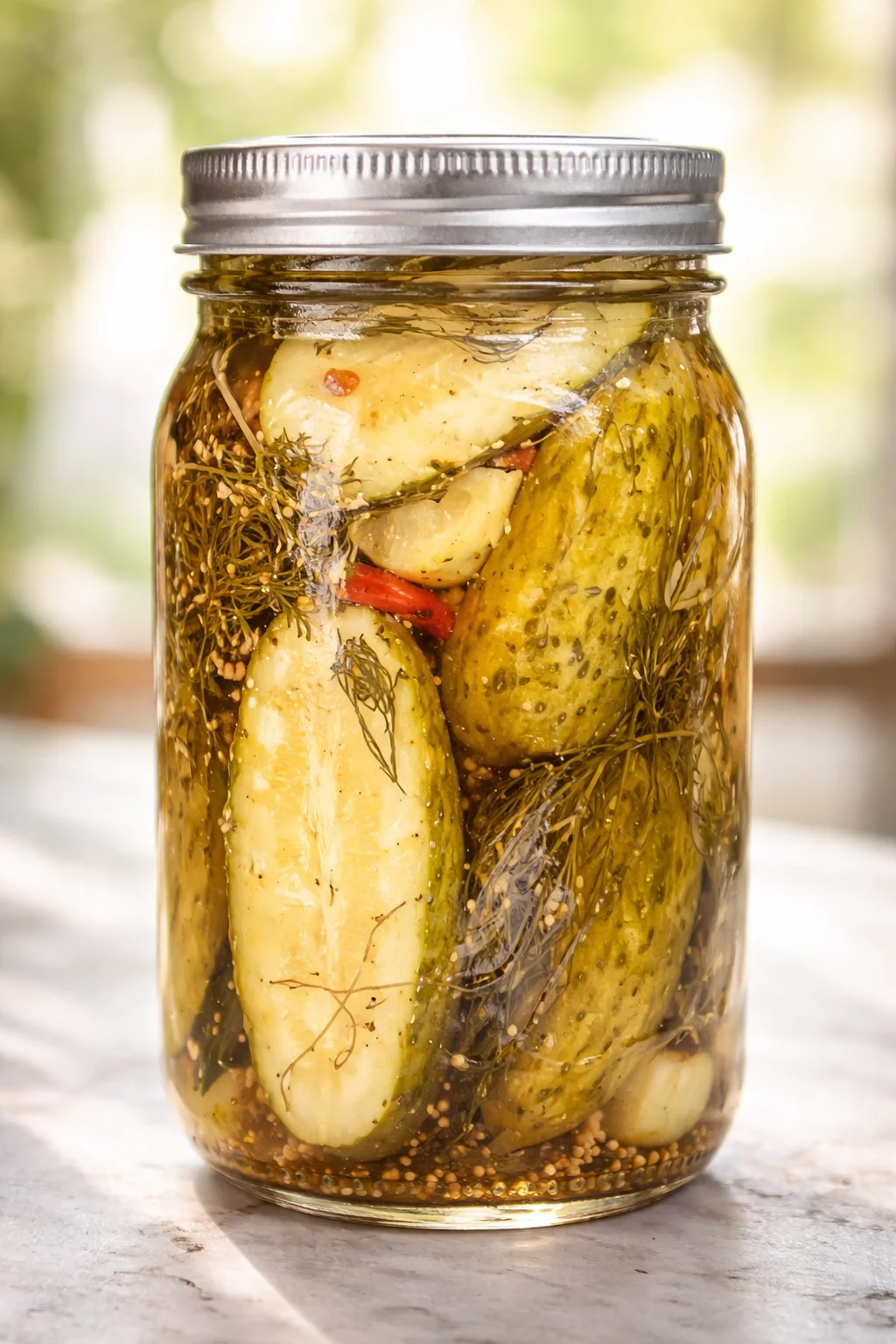 Glass mason jar of dill pickles with garlic and spices in brine.