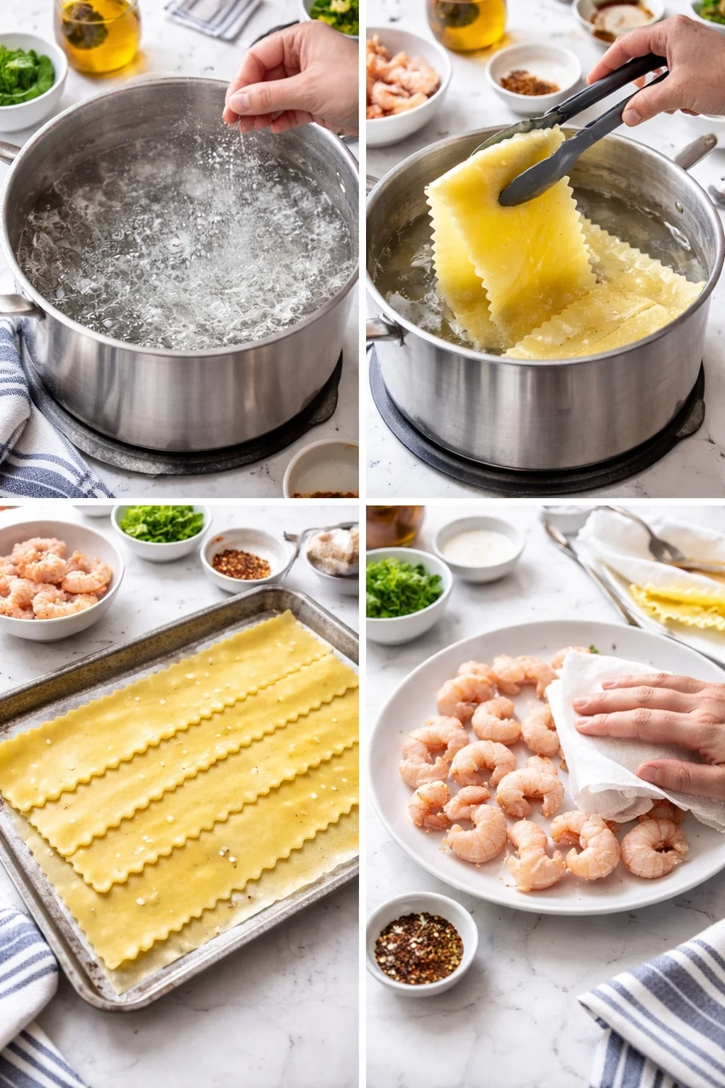 Four-panel collage showing boiling water, lifting pasta sheets, and preparing shrimp ingredients.