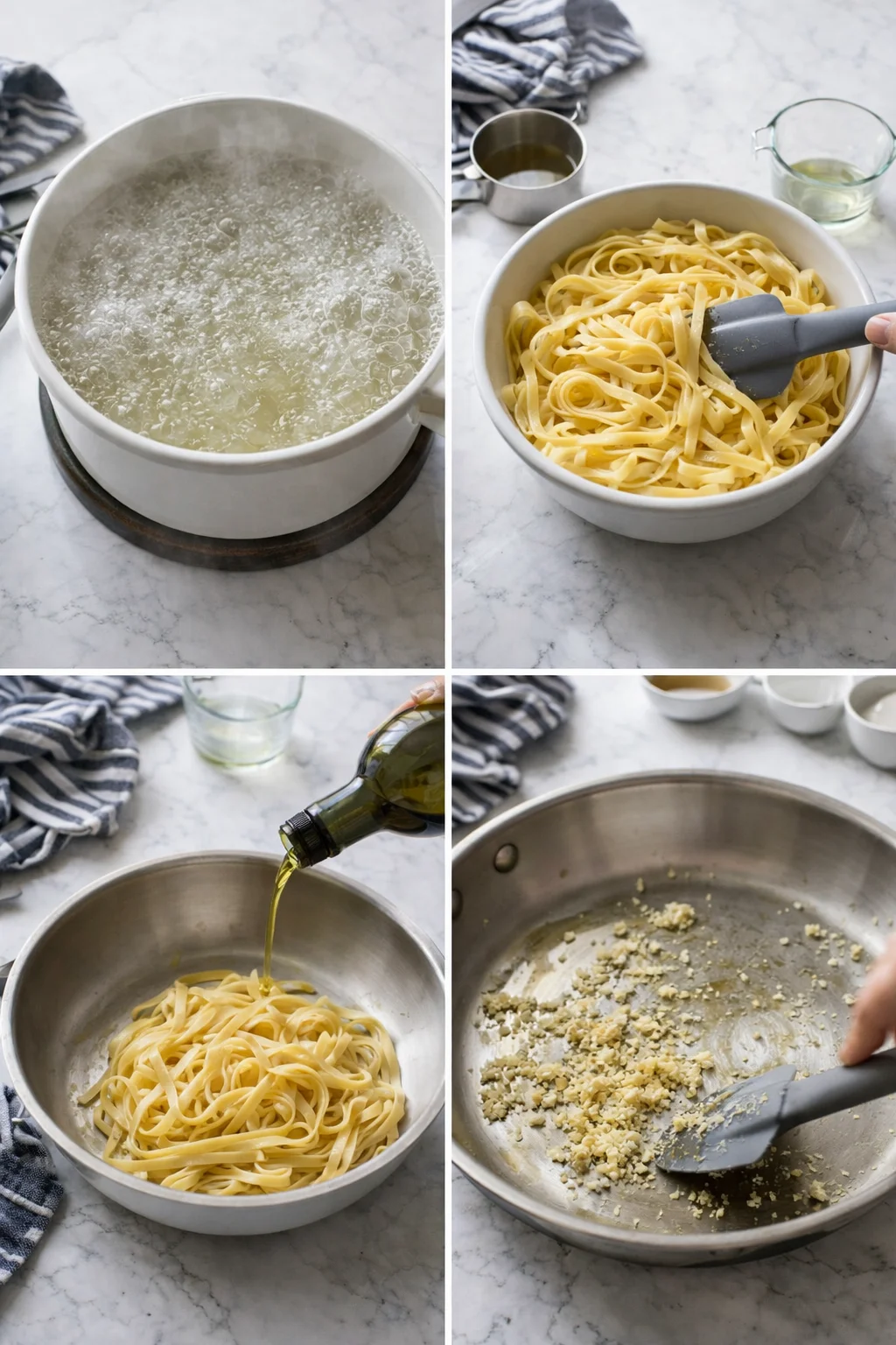 collage showing boiling water, cooked pasta, oil being poured, and garlic sautéing.