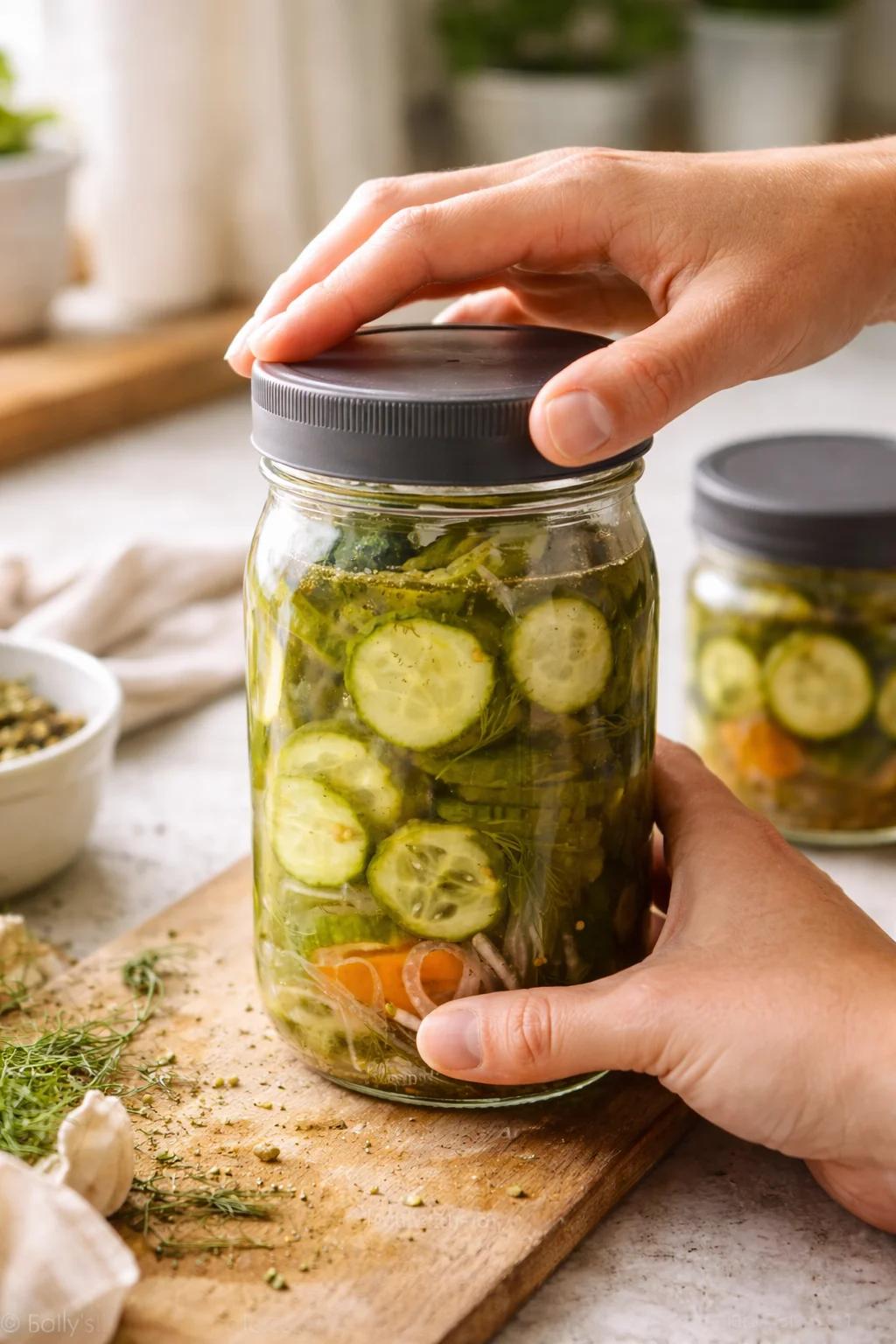 Close-up of hands sealing a jar of cucumber pickles with dill on a wooden board.