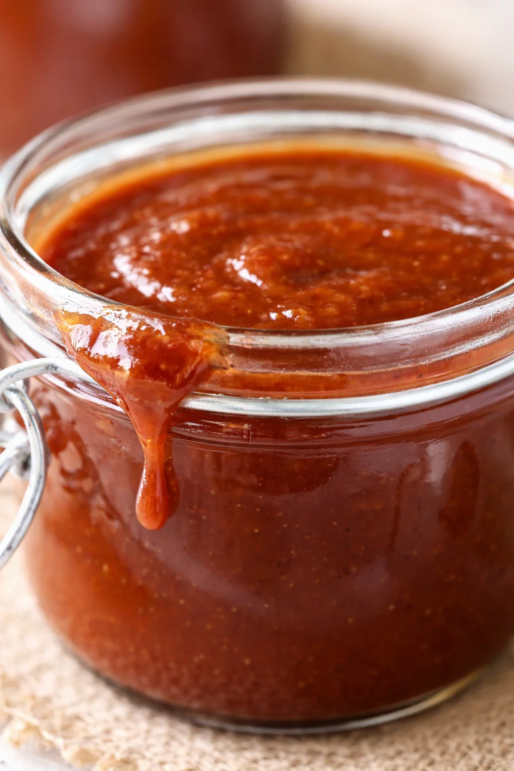Close-up of a glass jar with metal latch, filled with glossy tomato sauce, with a drip along the rim.