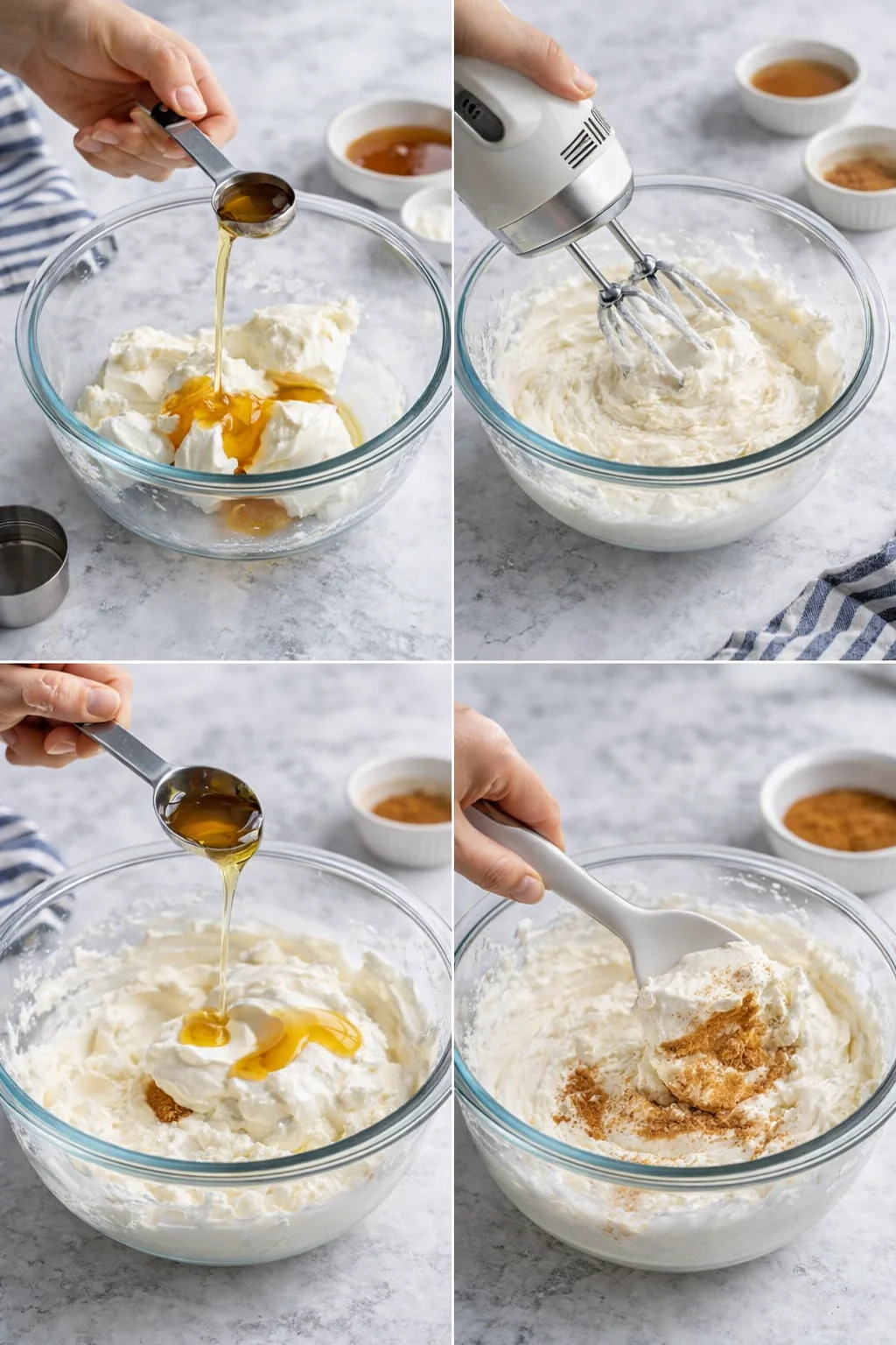 Collage of four images showing cream cheese being whisked with honey, in glass bowls on a gray marble countertop.