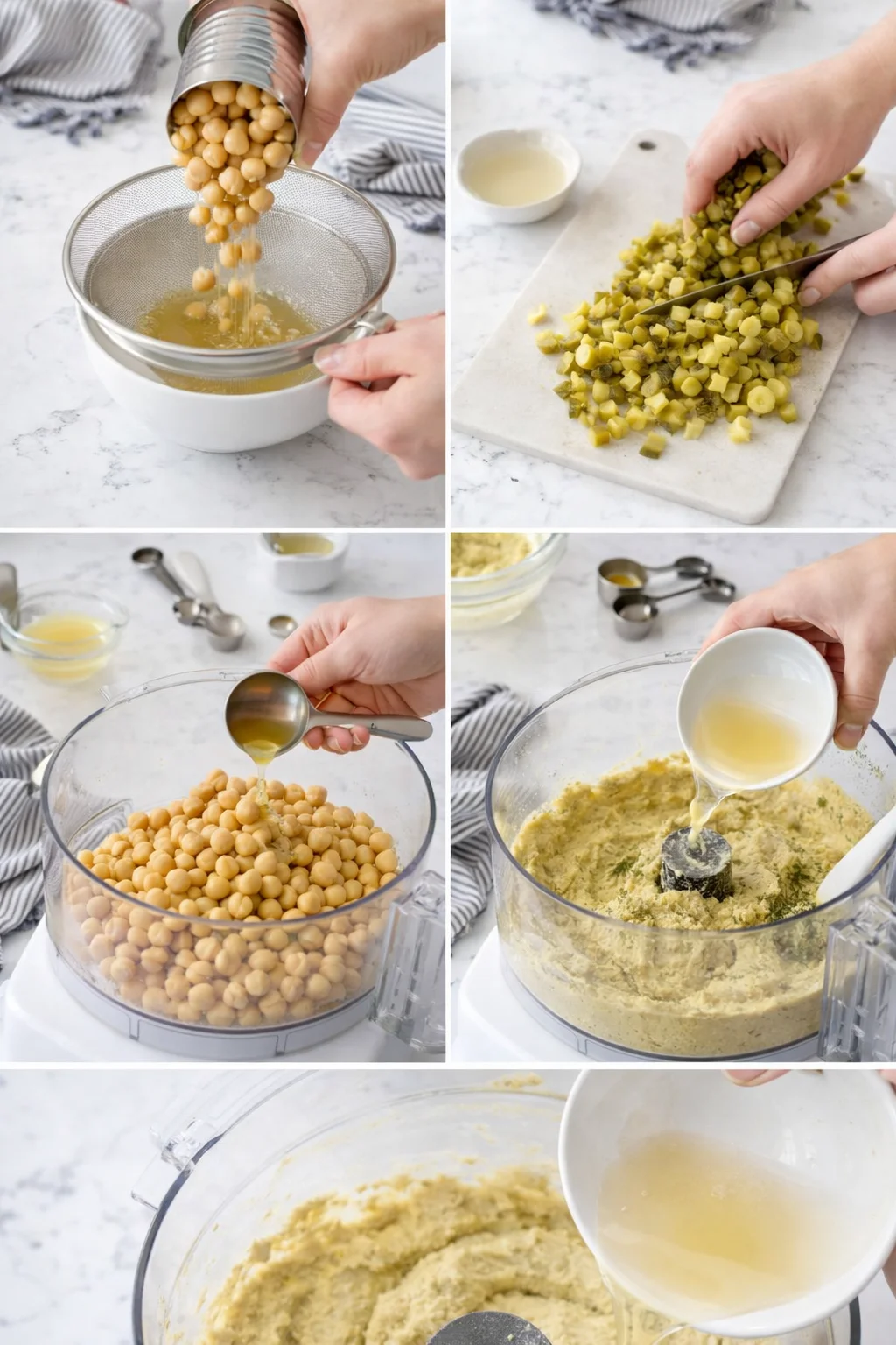 collage showing step-by-step hummus making: rinsed chickpeas, diced vegetables, oil and lemon juice being added to a processor.