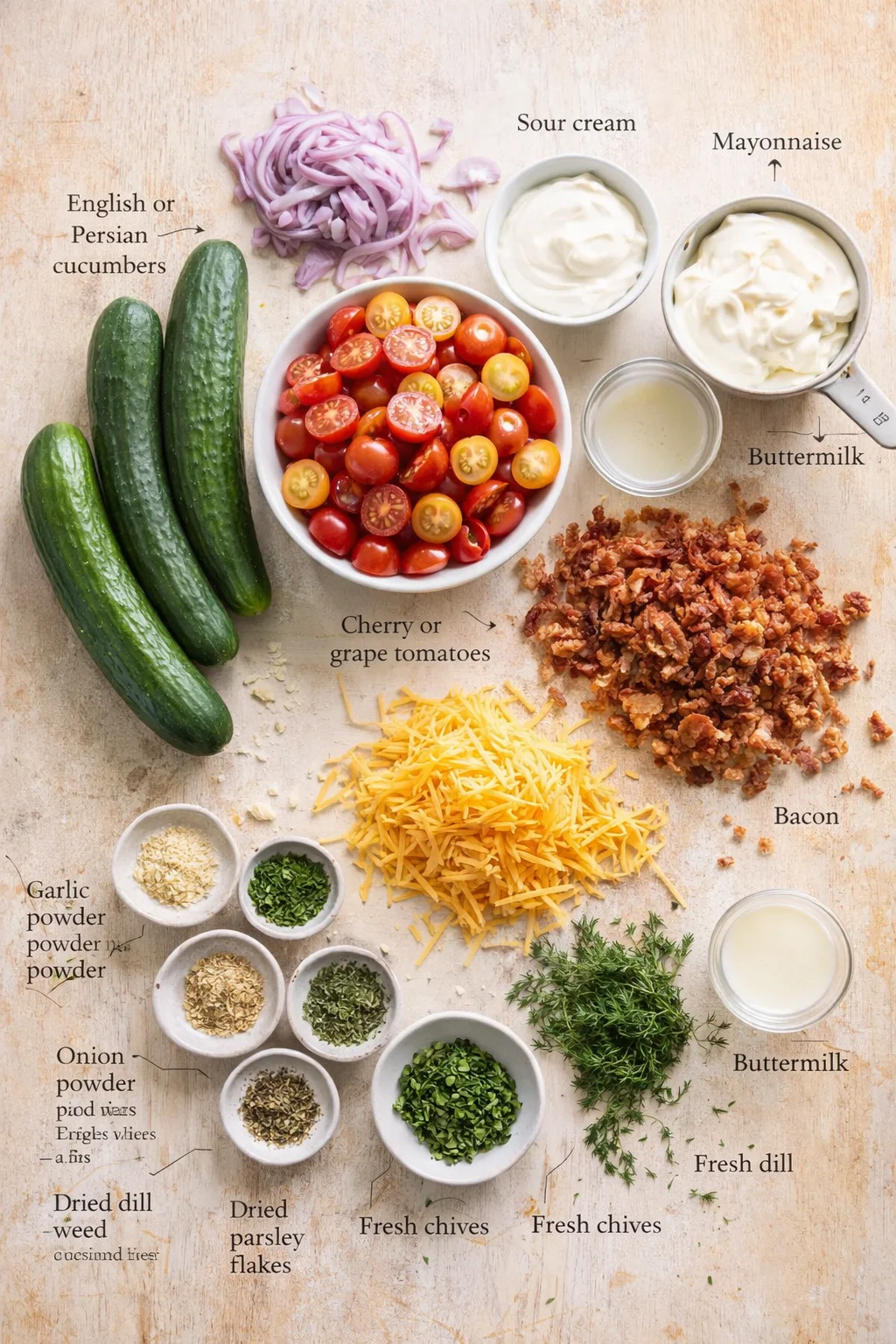 Flat lay of labeled ingredients on a wooden background, including cucumbers, cherry tomatoes, red onion, cheese, bacon, sauces, and herbs.