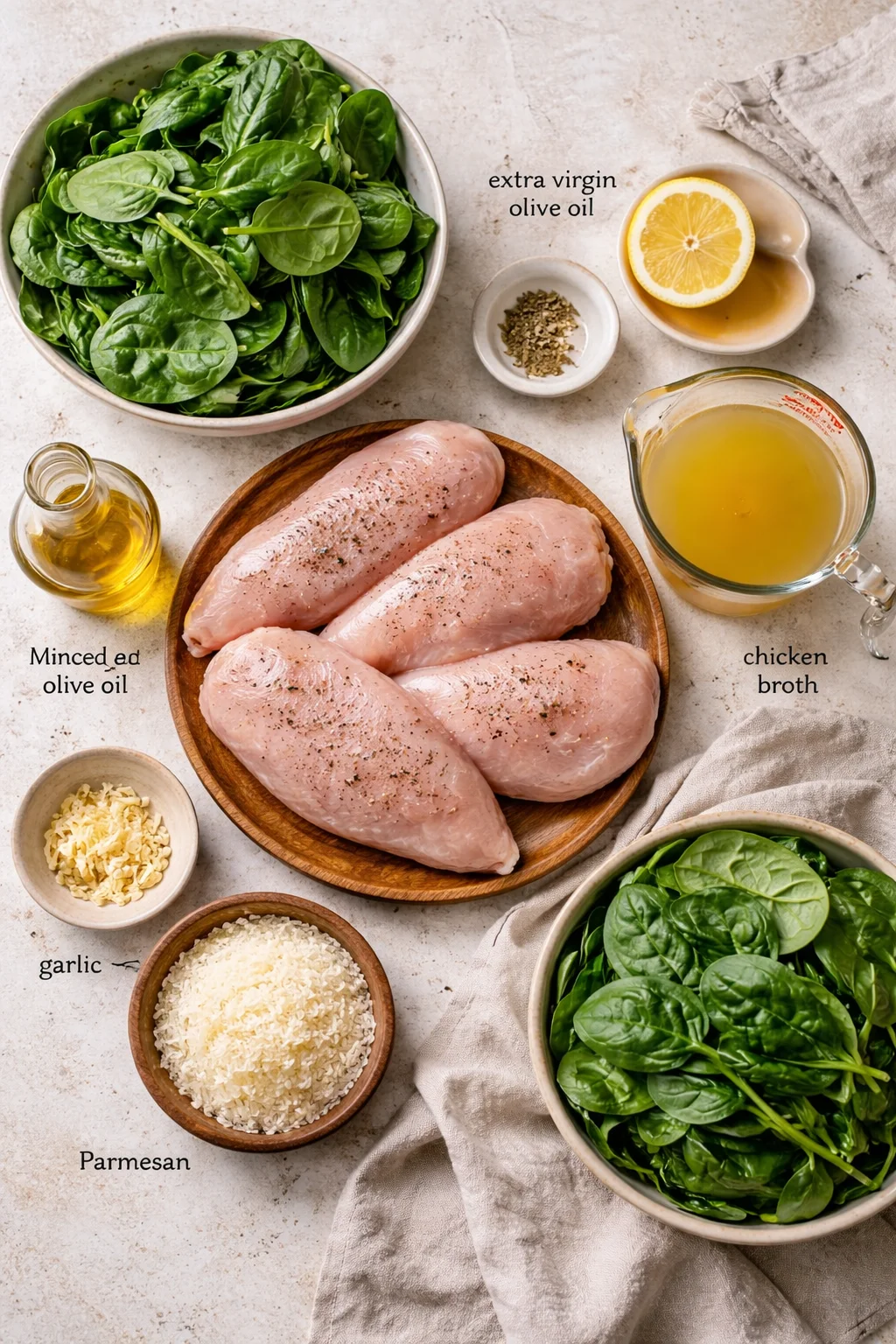 Top-down view of raw chicken breasts with spinach and cooking ingredients arranged on a light textured surface.
