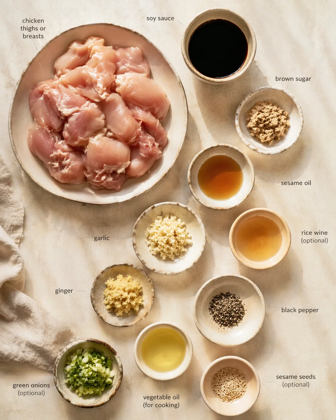 Top-down view of raw chicken on a plate with bowls of soy sauce, sesame oil, and spices arranged around it