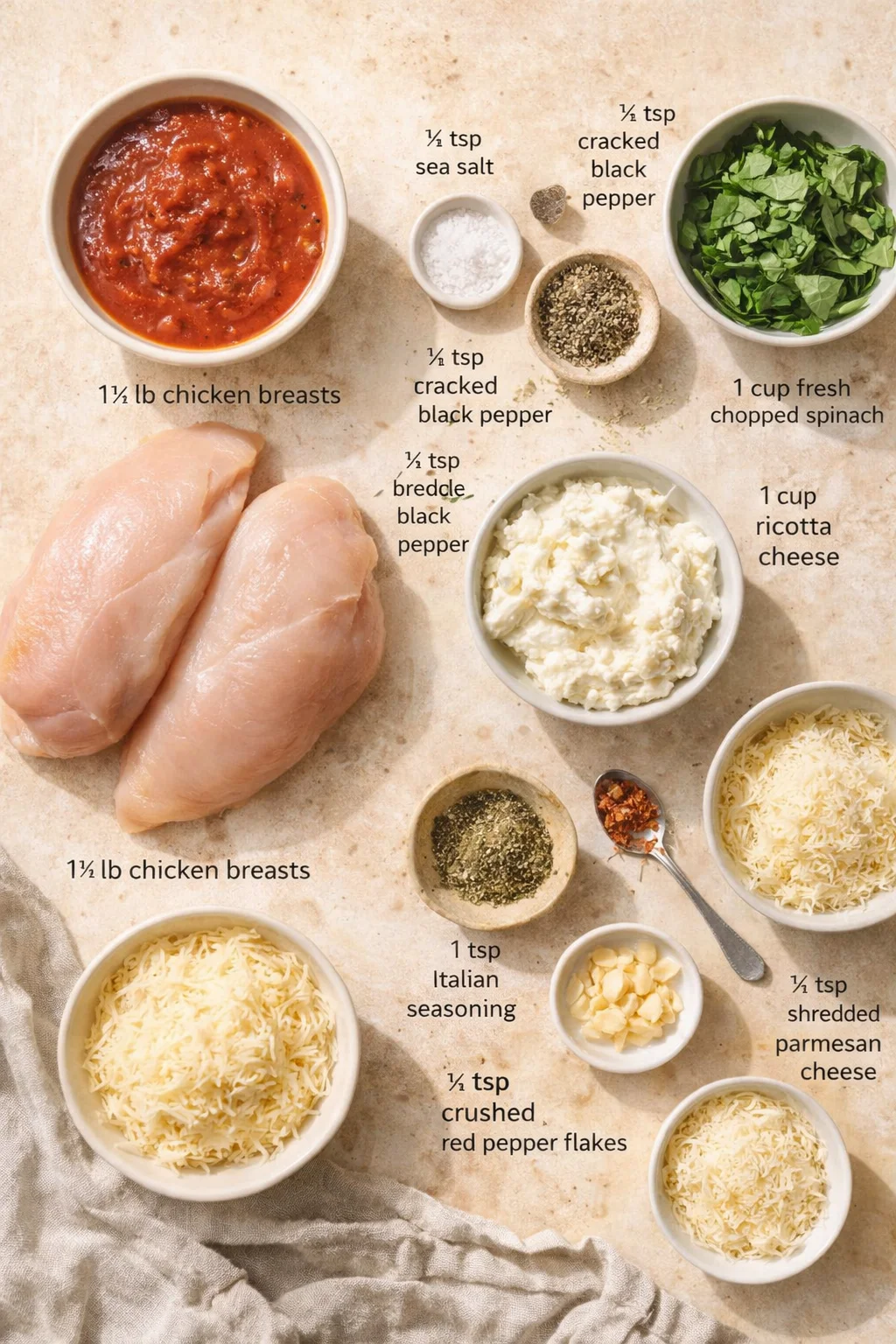 Overhead view of chicken breasts with tomato sauce, spinach, ricotta, and cheeses laid out.