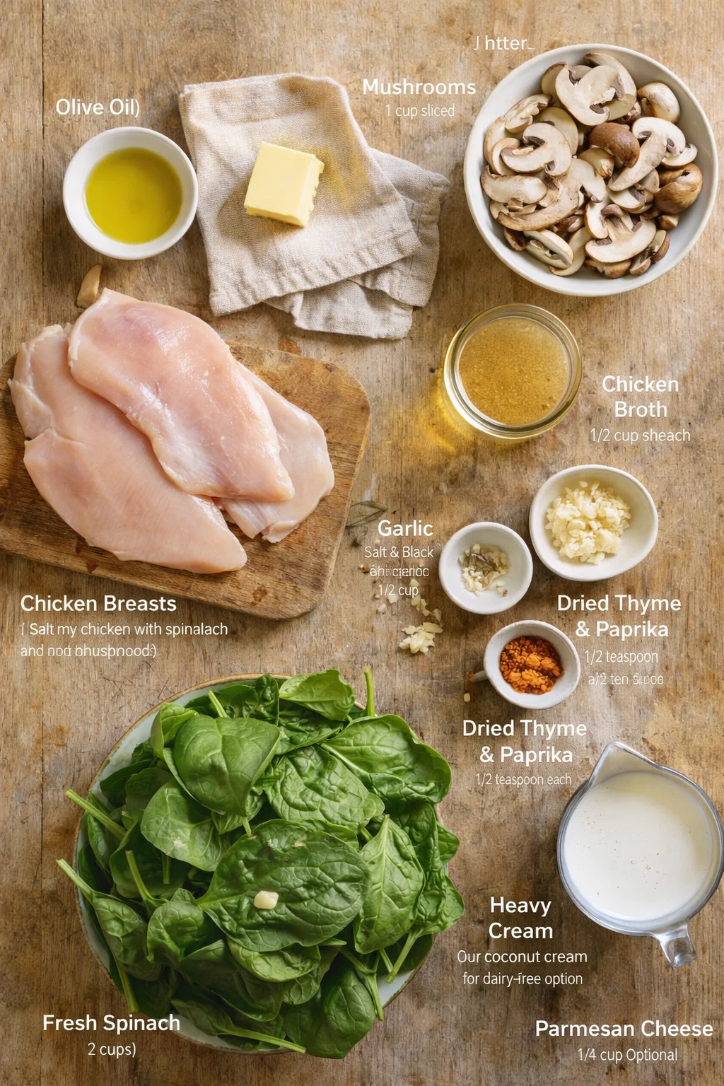 Overhead view of chicken breasts, spinach, mushrooms, and labeled ingredients on a rustic wooden surface.
