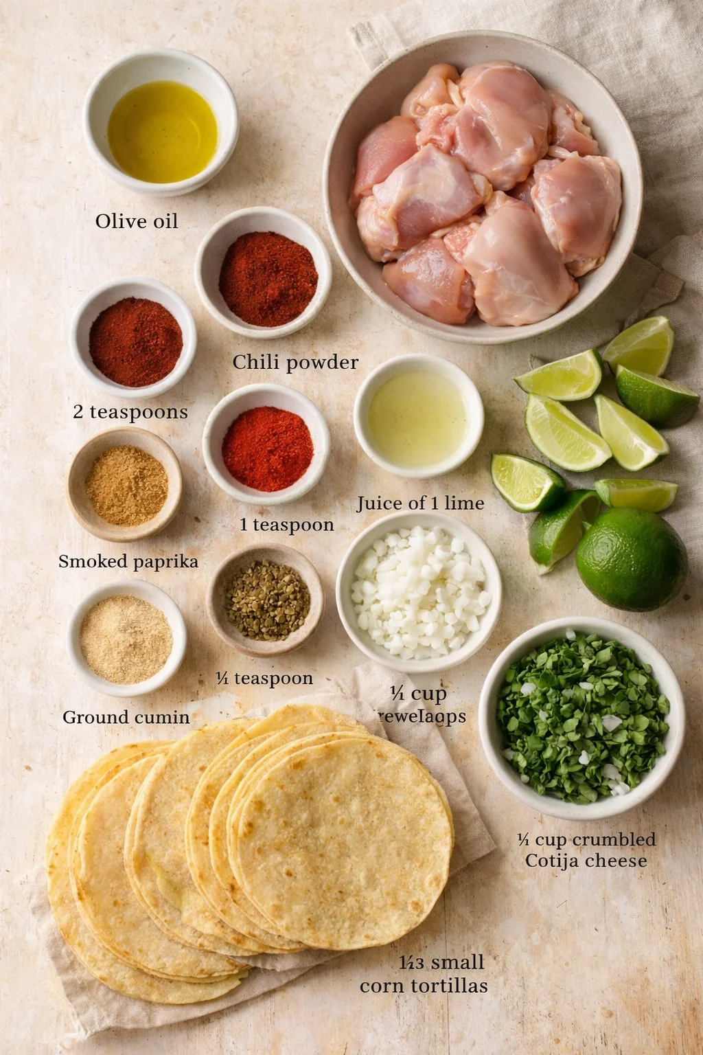 Overhead shot of raw chicken pieces, tortillas, lime wedges, onions, and bowls of spices on a light wooden surface.