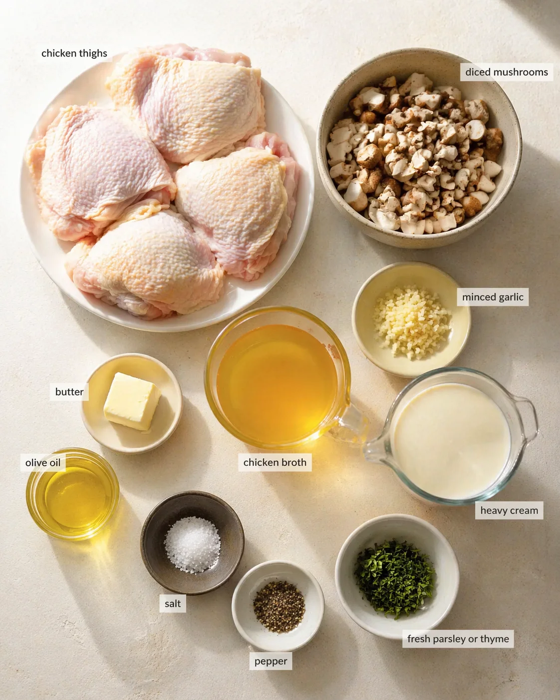 Raw chicken thighs on a plate with bowls of mushrooms, garlic, butter, and liquids arranged on a light countertop.