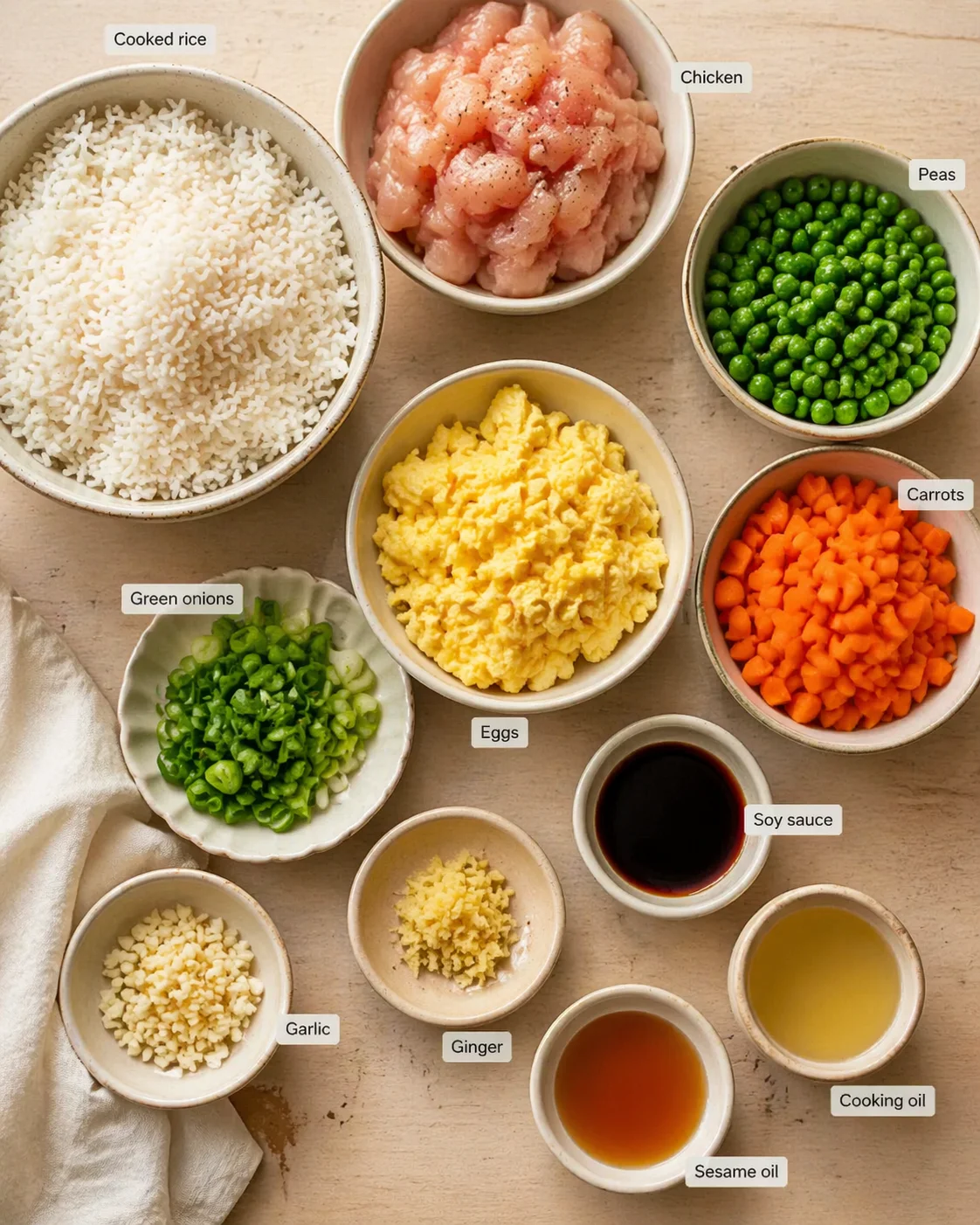Top-down view of prep bowls with rice, chicken, peas, carrots, eggs, and aromatics.